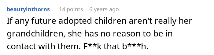 A Reddit comment about the future mother-in-law having no reason to contact adopted children if she does not consider them grandchildren.