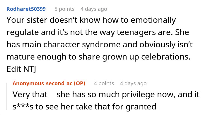 A Reddit comment from Rodharet50399 discussing the teen sister's emotional regulation issues after crying over food.