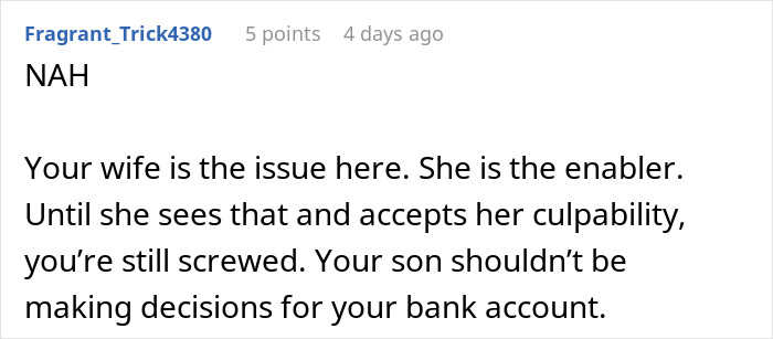 A white background with black text stating that a wife is the issue for financially supporting son. A white background with black text stating that a wife is the issue for financially supporting son.