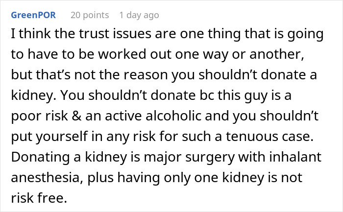 A comment detailing why a man should not donate a kidney to his BIL due to alcoholism and surgical risks. A comment detailing why a man should not donate a kidney to his BIL due to alcoholism and surgical risks.