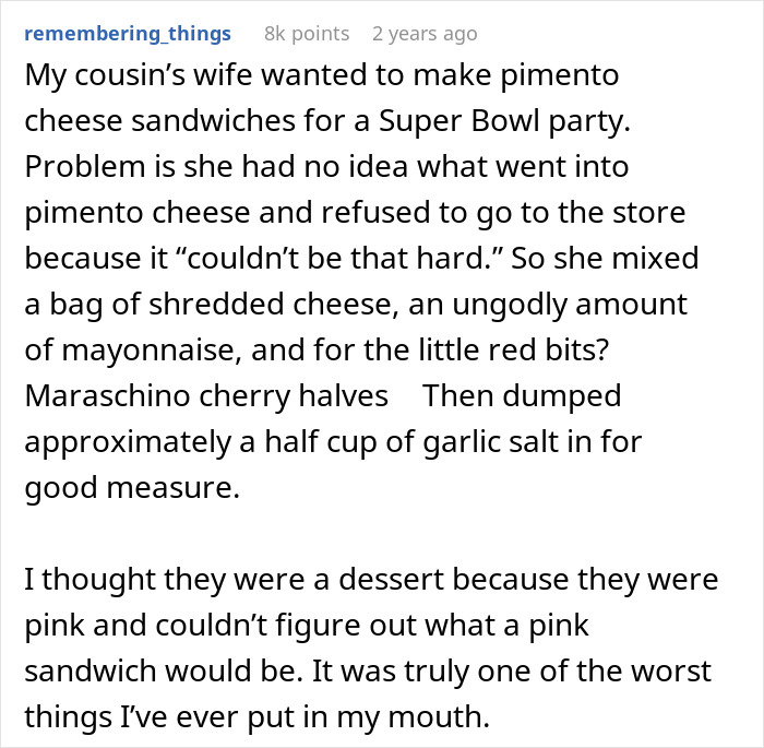 Pimento cheese sandwiches made with shredded cheese, mayonnaise, maraschino cherries, and garlic salt, a truly disgusting food.