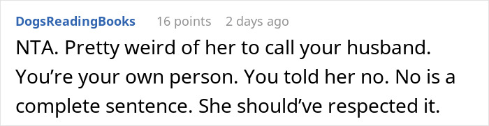 A Reddit comment advising to respect boundaries when a bride tries to force a bridesmaid role on someone. A Reddit comment advising to respect boundaries when a bride tries to force a bridesmaid role on someone.