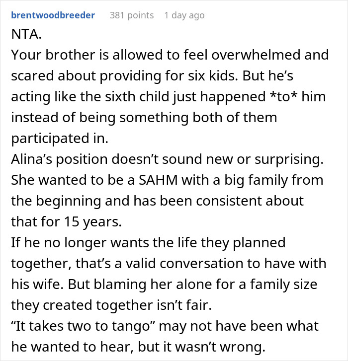 A lengthy comment about a guy regretting his SAHM wife and having a 6th kid, emphasizing shared responsibility. A lengthy comment about a guy regretting his SAHM wife and having a 6th kid, emphasizing shared responsibility.