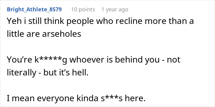 A screenshot shows an online comment about people reclining too much on an overnight flight, throwing a tantrum.