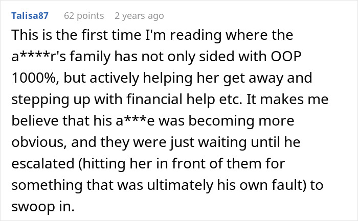 A comment about the husband's family siding with the wife after his violent reaction to the allergic SIL incident. A comment about the husband's family siding with the wife after his violent reaction to the allergic SIL incident.