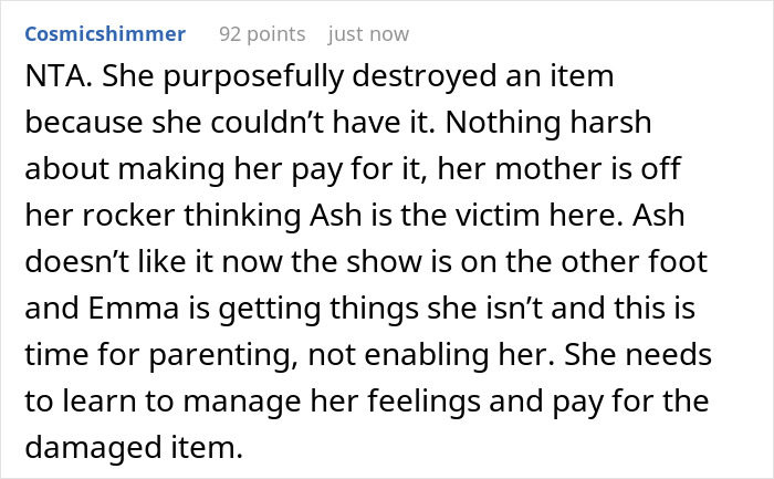 A Reddit comment suggesting the stepsister learn to manage feelings and pay for the damaged designer purse. A Reddit comment suggesting the stepsister learn to manage feelings and pay for the damaged designer purse.