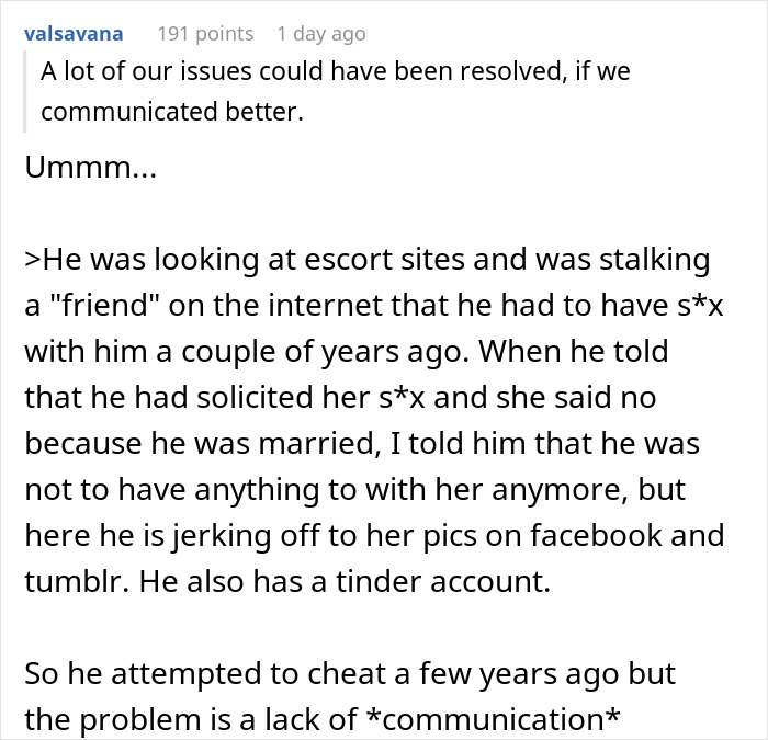 He cheats on his pregnant wife and tries to manipulate her. Lack of communication is not the real issue. He cheats on his pregnant wife and tries to manipulate her. Lack of communication is not the real issue.