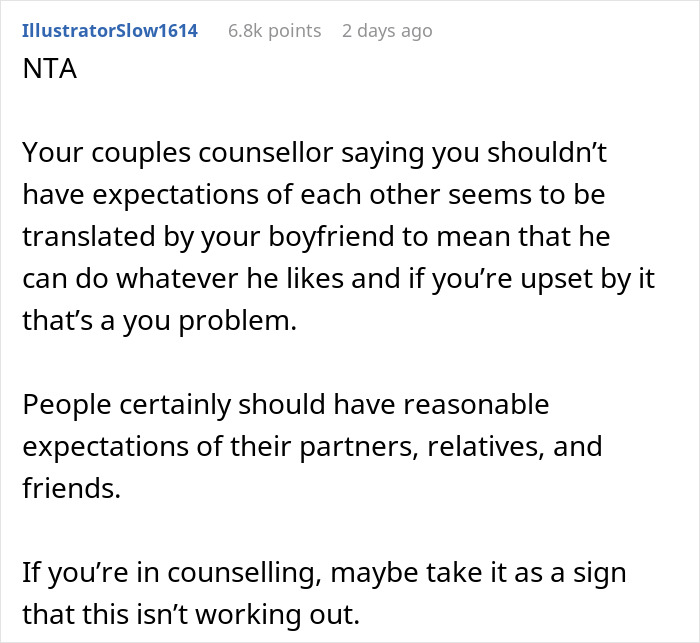 A Reddit comment from IllustratorSlow1614 discussing how a boyfriend's interpretation of counselling advice can lead to disrespect. A Reddit comment from IllustratorSlow1614 discussing how a boyfriend's interpretation of counselling advice can lead to disrespect.