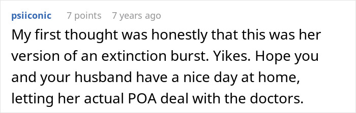 A comment describing an extinction burst for a crazy MIL. The user hopes the couple has a nice day while doctors handle the MIL.