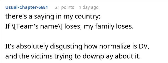 A comment about a woman questioning her fiancé upset about football, discussing the normalization of domestic violence. A comment about a woman questioning her fiancé upset about football, discussing the normalization of domestic violence.