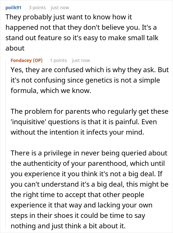 A Reddit post about a mixed-race mom sharing why she invents family scandals for fun to avoid explaining her blue-eyed kid. A Reddit post about a mixed-race mom sharing why she invents family scandals for fun to avoid explaining her blue-eyed kid.