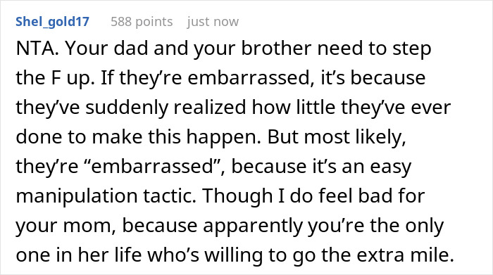 Reddit comment advising dad and brother to step up for mom's B-day, mentioning 27YO toiling on her own. Reddit comment advising dad and brother to step up for mom's B-day, mentioning 27YO toiling on her own.