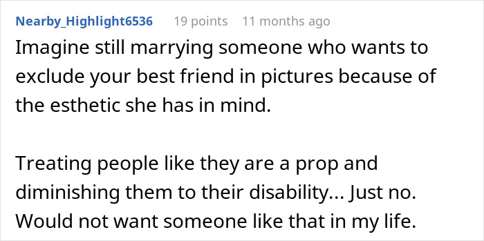 A Reddit comment expressing disbelief at a groom marrying a bride with twisted values who excludes a friend.