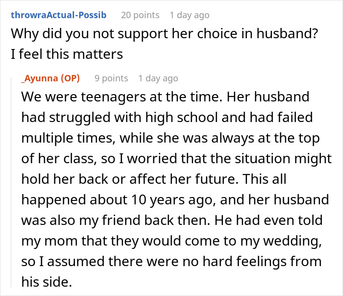Reddit comment providing context on why the bestie did not support the bride's husband choice before ghosting on the wedding day. Reddit comment providing context on why the bestie did not support the bride's husband choice before ghosting on the wedding day.