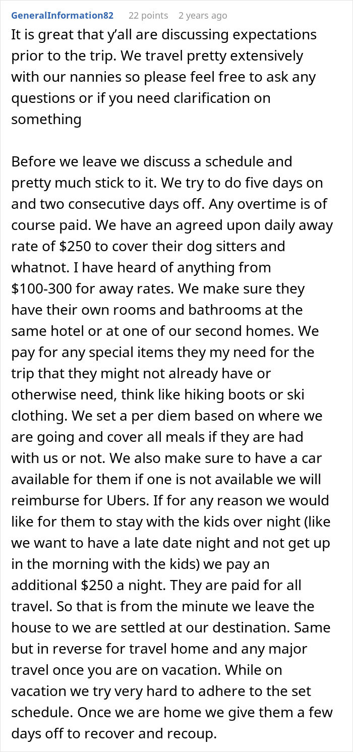 Screenshot of Reddit comments discussing expectations when taking a nanny on family vacation.