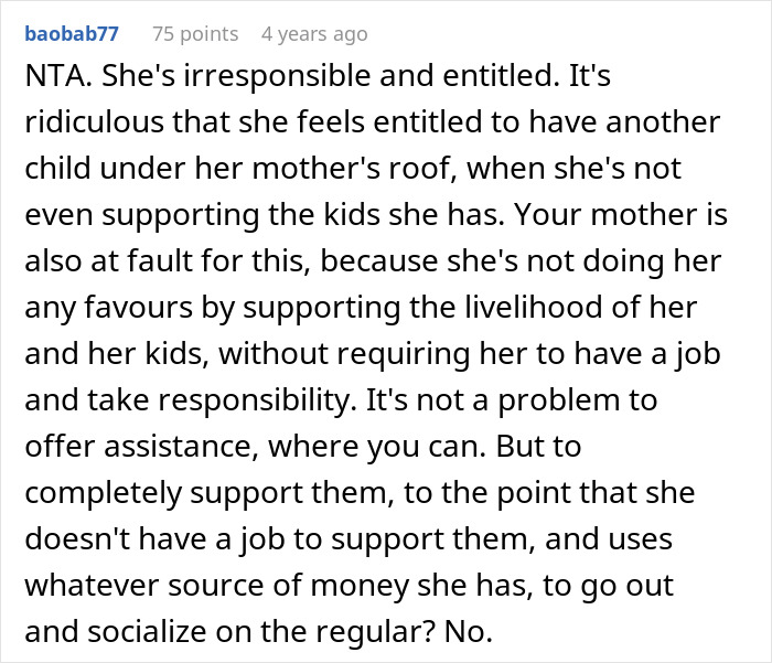 Reddit comment on teen exposing sister's 3rd pregnancy, calling sister irresponsible for free sitter expectation. Reddit comment on teen exposing sister's 3rd pregnancy, calling sister irresponsible for free sitter expectation.