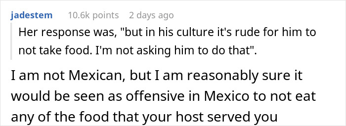 Daughter defends BF's bizarre costly dinner table habit, with a comment on cultural food practices. Daughter defends BF's bizarre costly dinner table habit, with a comment on cultural food practices.