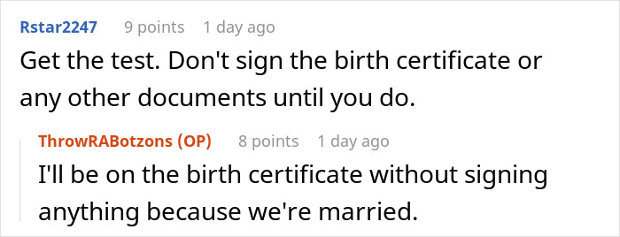 Suspicious activity on wife's phone. A user advises about birth certificate and signing documents.