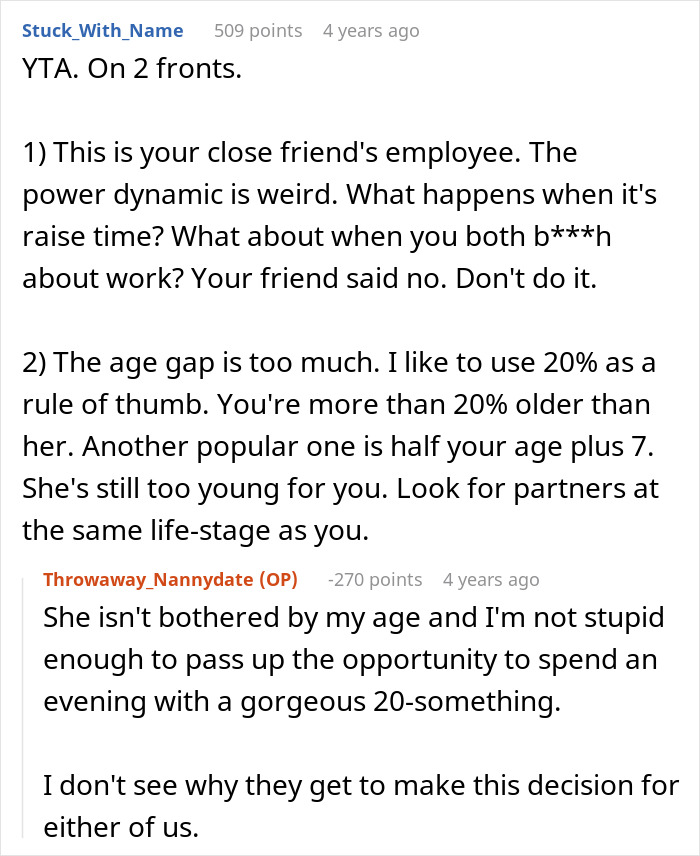Reddit comment criticizes user for pursuing friend's nanny due to power dynamics and age gap, a dark truth.