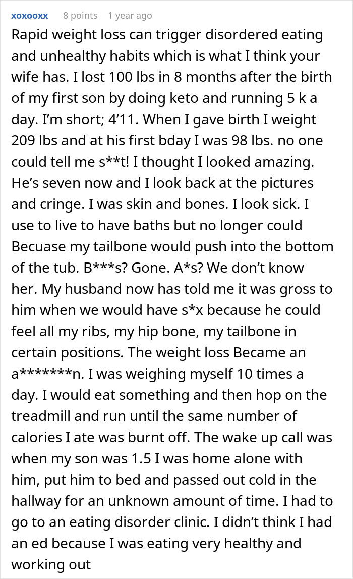 A detailed comment from a woman who experienced rapid weight loss, leading to disordered eating and unhealthy habits while chasing the perfect body.