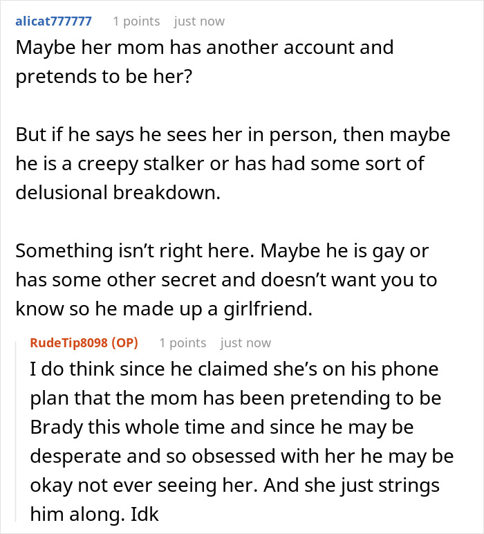 A screenshot of a Reddit comment speculating if the guy's 'GF' mom is pretending to be her, highlighting the GF mystery.