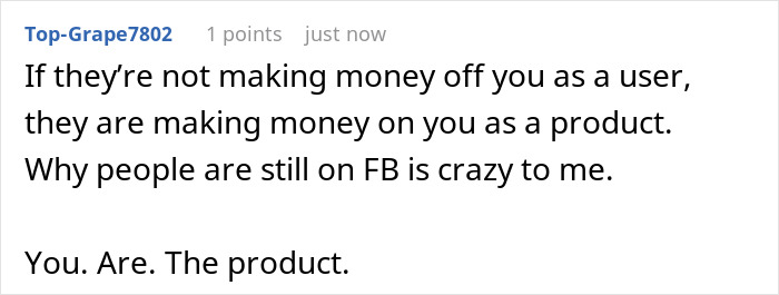 A comment about AI replacing Meta employees, stating users are the product if not making money off them. A comment about AI replacing Meta employees, stating users are the product if not making money off them.