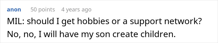 A Reddit comment sarcastically portraying the MILs thought process about wanting DIL to have kids.