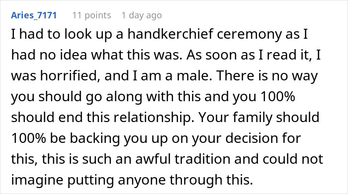A male user's comment strongly advising a girlfriend to end her relationship before getting married, due to a horrible tradition.