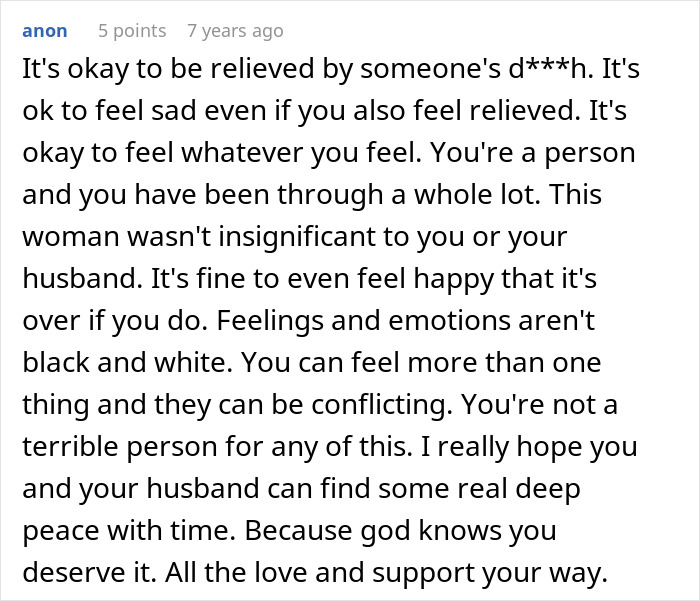 A screenshot of a Reddit comment validating feelings of relief after a crazy MILs demise from her potion.