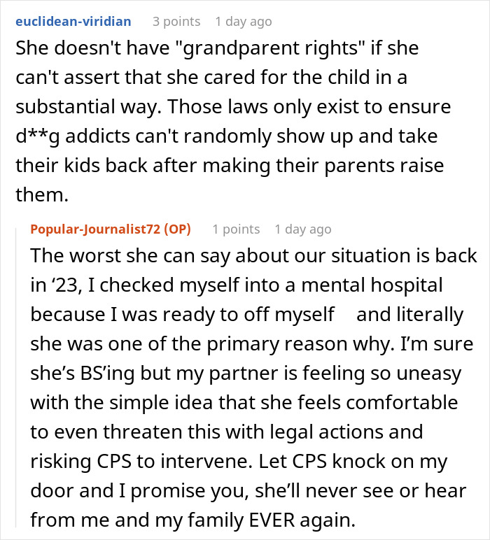 A Reddit comment thread with advice for a daughter dealing with a delusional mom threatening to sue. A Reddit comment thread with advice for a daughter dealing with a delusional mom threatening to sue.