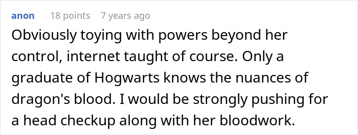 A comment about a crazy MIL who was witching around, suggesting a head checkup and bloodwork.