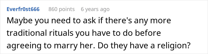 A Reddit comment suggesting the groom ask about more traditional rituals before agreeing to marry the bride.