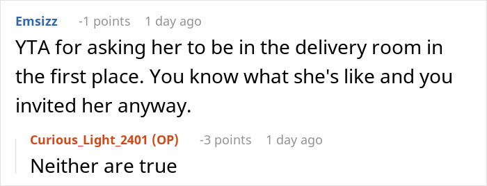 A screenshot showing a comment from Reddit user Emsizz about a mom's nurse mode during DIL's delivery.