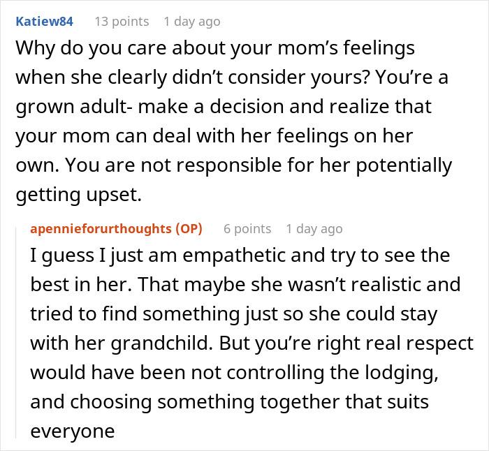 Another comment section showcasing various viewpoints on the mom's feelings and the family's travel plans dilemma.