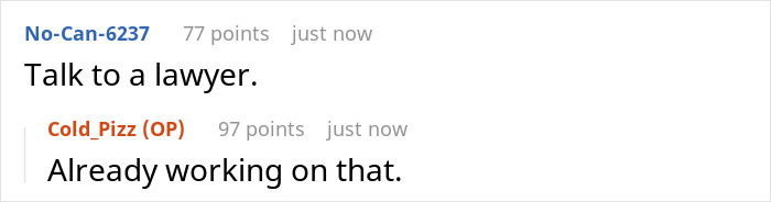 A screenshot showing a Reddit comment that advises talking to a lawyer about the friend who copied the business. A screenshot showing a Reddit comment that advises talking to a lawyer about the friend who copied the business.