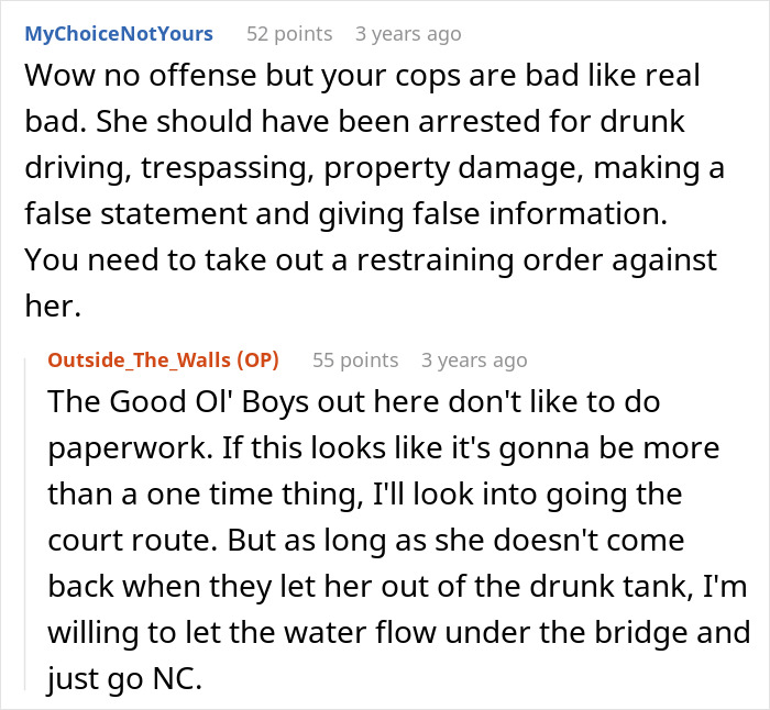 An online comment suggesting a restraining order for an aunt demanding housing unannounced.