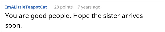 A comment about a crazy MIL who was witching around, saying hope the sister arrives soon.
