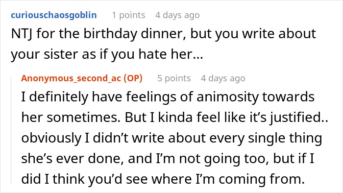 A screenshot of a comment about a woman's birthday dinner, mentioning feelings of animosity towards her teen sister.