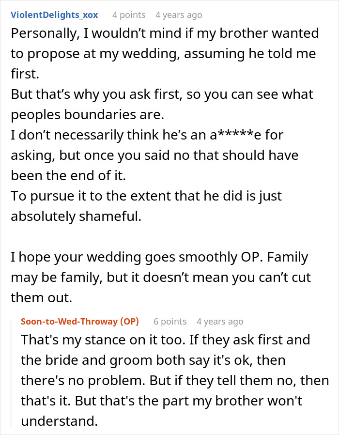A screenshot of a Reddit comment discussing boundaries regarding an entitled man's proposal at a brother's wedding.