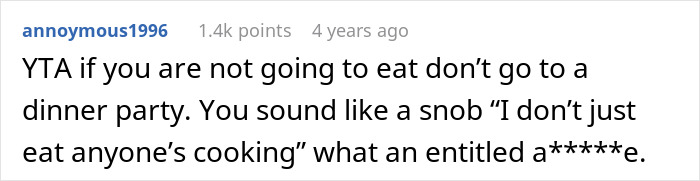 A screenshot of a Reddit comment criticizing the woman who refuses to eat at MIL's home.