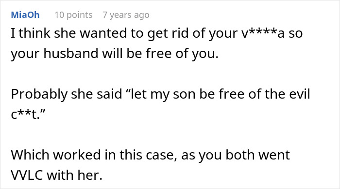 A comment discussing a MIL witching, intending to free her son from an evil c**t, resulting in VVLC.