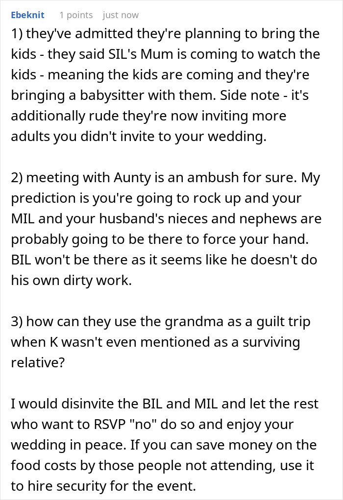 A screenshot of a Reddit comment about a MIL, family feud, childfree wedding, and uninvited kids attending the event. A screenshot of a Reddit comment about a MIL, family feud, childfree wedding, and uninvited kids attending the event.