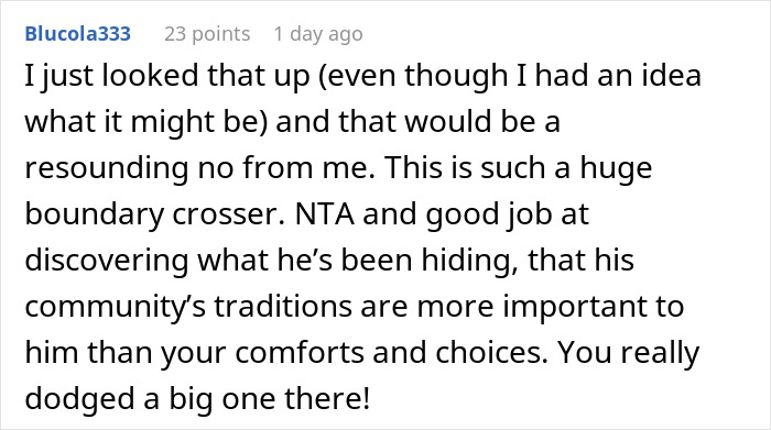 A comment advises a girlfriend about to get married to avoid a huge mistake regarding her partner's family traditions.