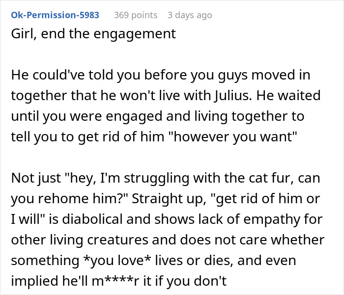 A comment suggests a bride-to-be end her engagement due to the fiancé's ultimatum about her cat. A comment suggests a bride-to-be end her engagement due to the fiancé's ultimatum about her cat.