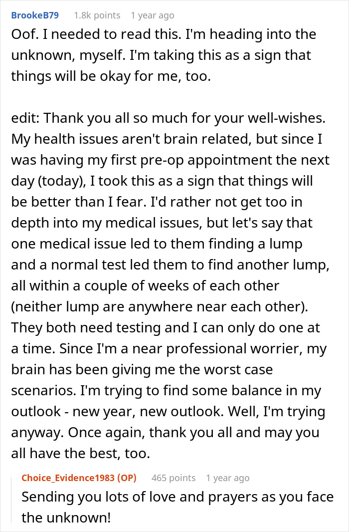 Reddit comment from BrookeB79 expressing hope and fear about her own medical journey, relating to a giant brain tumor story.