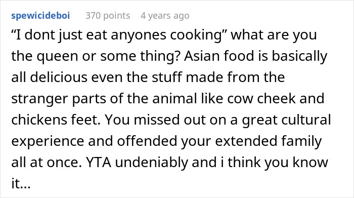 A social media comment questioning a woman who refuses to eat her MIL's cooking, calling her disrespectful.