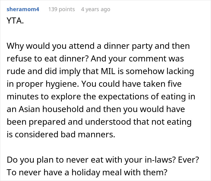 A social media comment about a woman who refuses to eat at her MIL's home, discussing her rude refusal.
