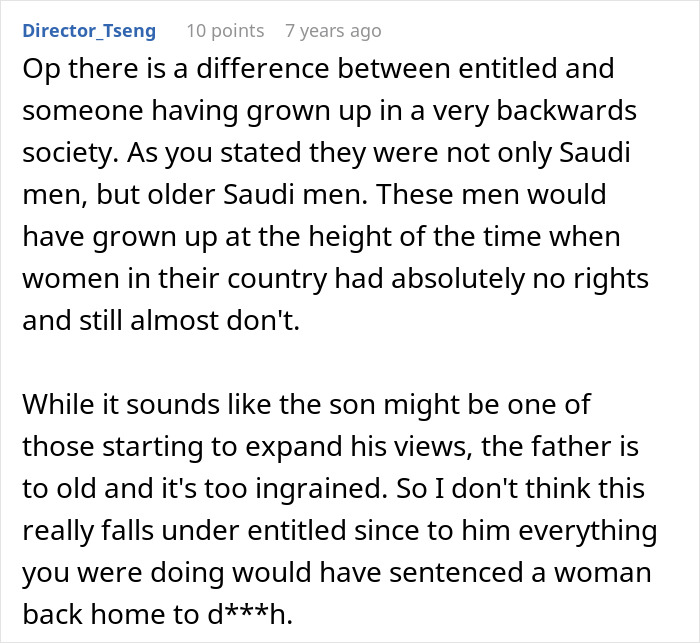 A screenshot of a Reddit comment discussing a Saudi dad refusing an Arctic tour led by a woman, highlighting cultural differences. A screenshot of a Reddit comment discussing a Saudi dad refusing an Arctic tour led by a woman, highlighting cultural differences.