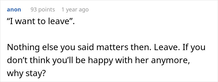 A comment advising to leave a relationship if not happy, relevant to the woman's struggle for a perfect body.
