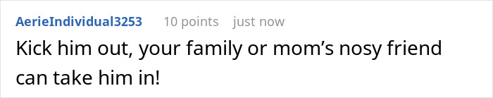 A comment advises to kick the moocher out. The comment is on a white background.